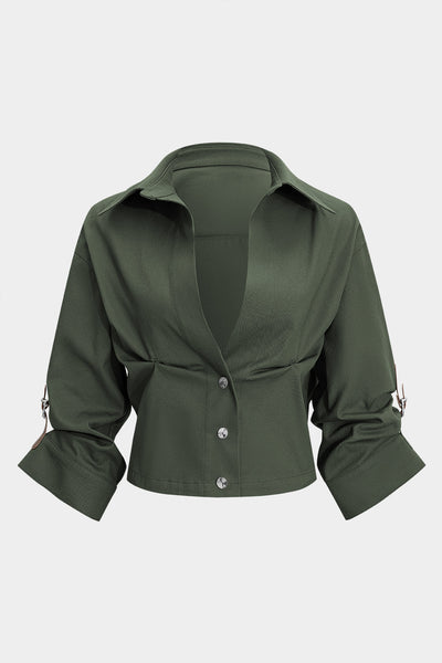 Button Ruched Short-Sleeve Shirt