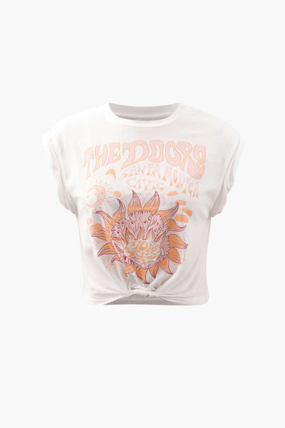 Flower Print Hem Knotted Short Sleeve T-Shirt