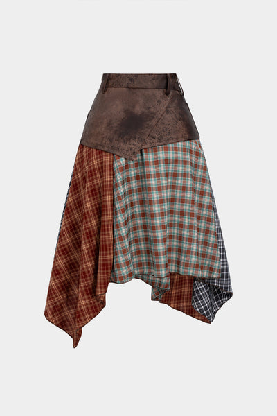 Plaid Contrast Print Faux Leather Patchwork Irrgular Hem Skirt