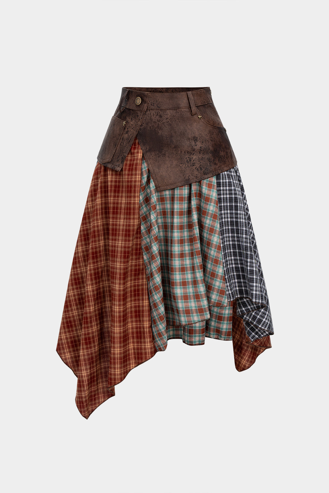Plaid Contrast Print Faux Leather Patchwork Irrgular Hem Skirt
