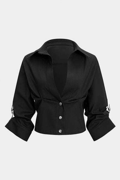 Button Ruched Short-Sleeve Shirt