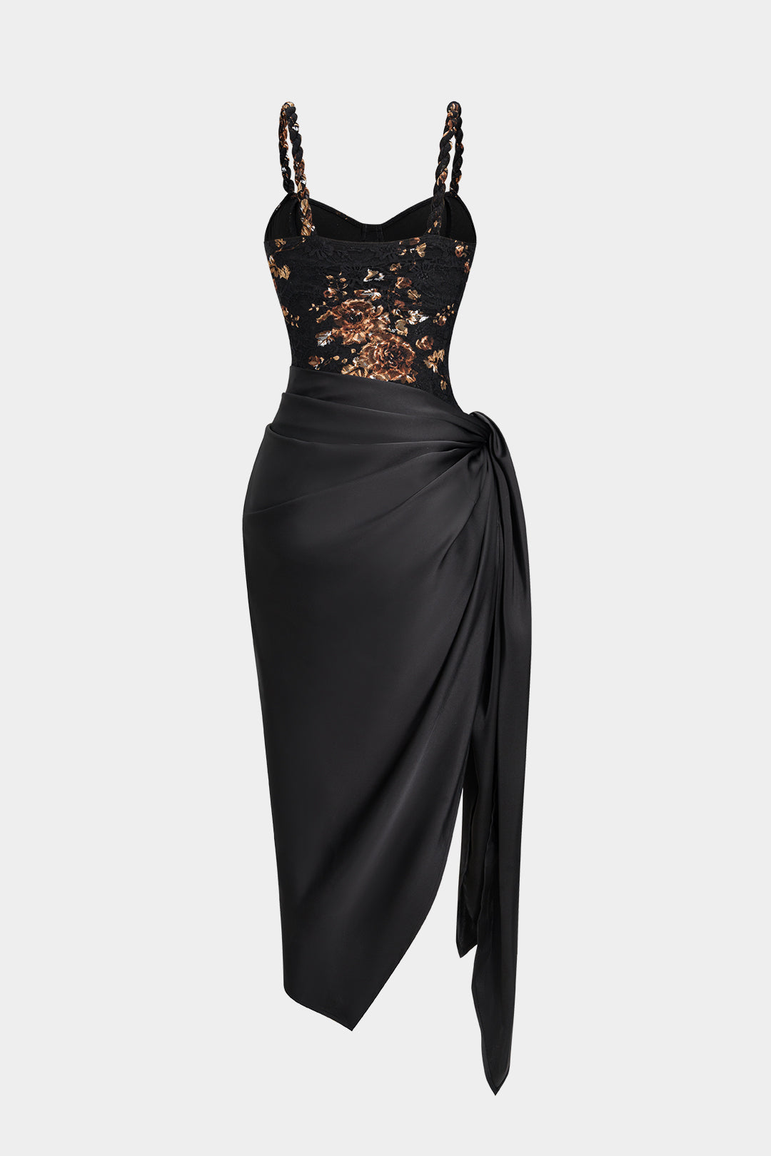 Floral Lace Patchwork Twist Knot Sleeveless Dress And Satin Asymmetrical Tie-Knot Skirt Set