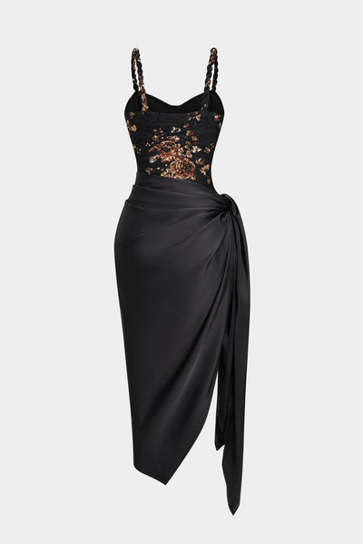 Floral Lace Patchwork Twist Knot Sleeveless Dress And Satin Asymmetrical Tie-Knot Skirt Set