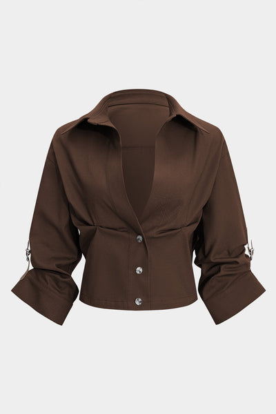 Button Ruched Short-Sleeve Shirt