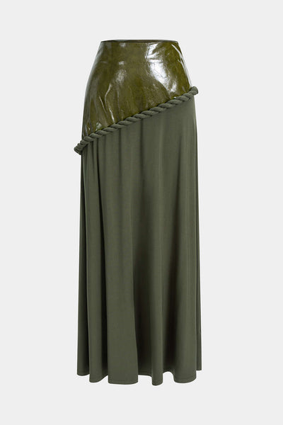 Faux Leather Patchwork Zipper Twist Knot Skirt