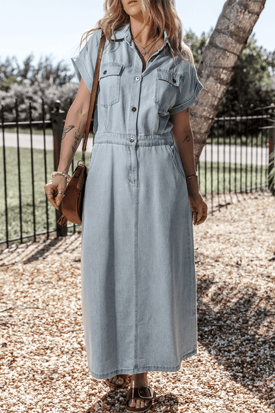 Isabelle - Denim dress with elegant short batwing sleeves