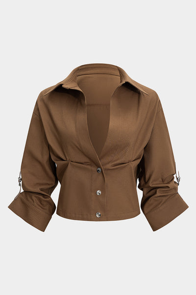 Button Ruched Short-Sleeve Shirt