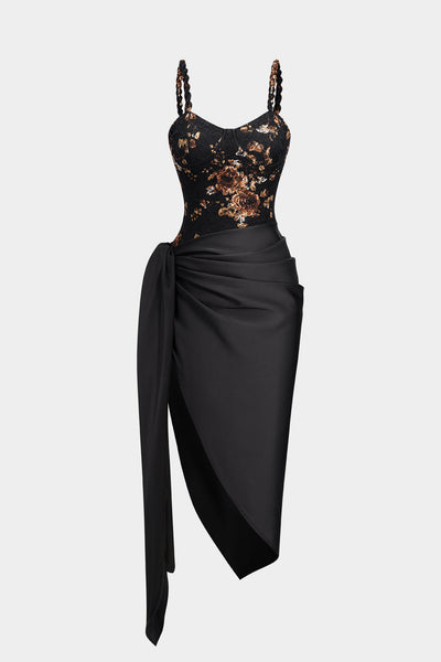 Floral Lace Patchwork Twist Knot Sleeveless Dress And Satin Asymmetrical Tie-Knot Skirt Set