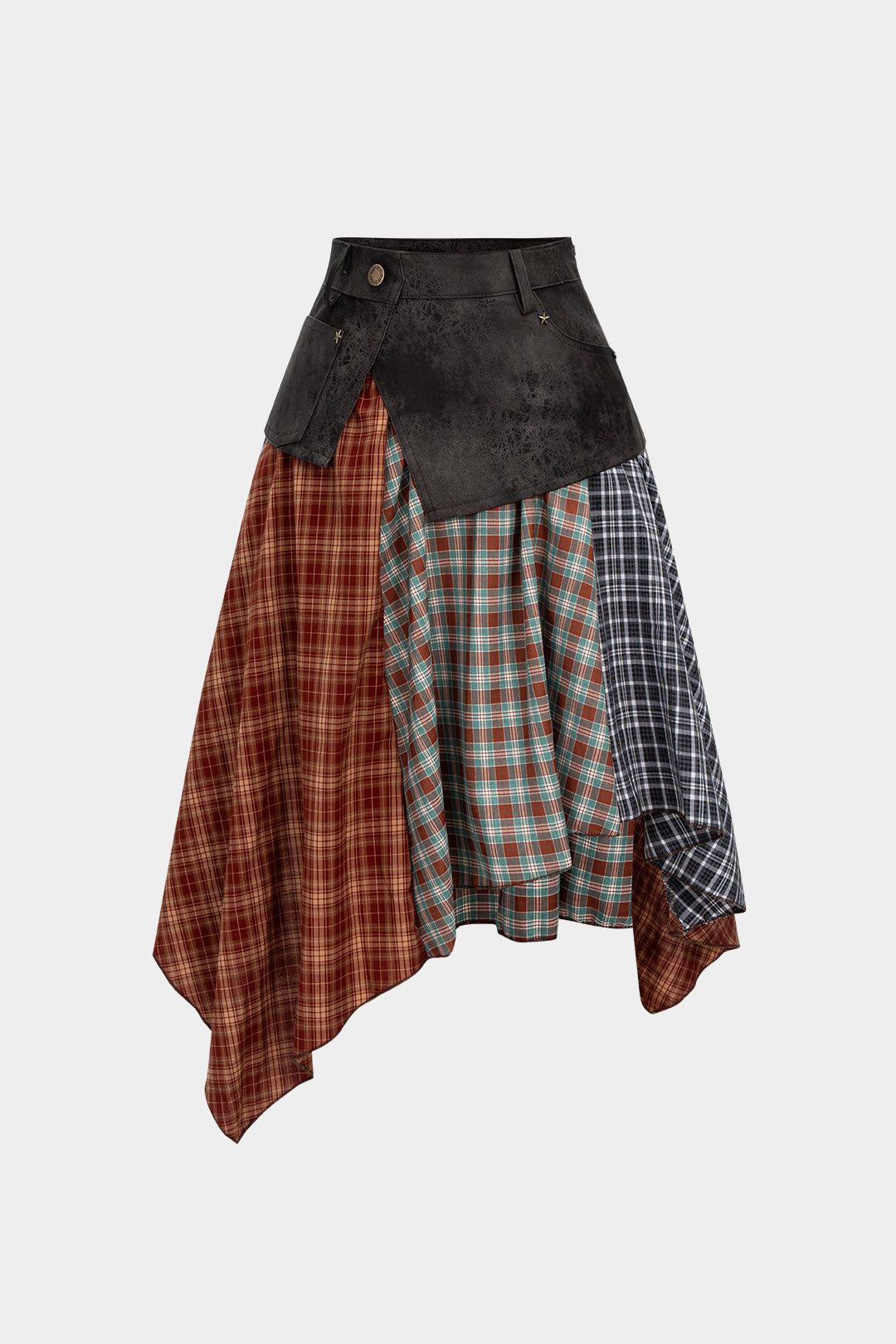 Plaid Contrast Print Faux Leather Patchwork Irrgular Hem Skirt